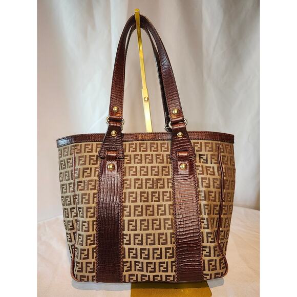 Fendi Western Zucchino Tote Shoulder Bag Brown Canvas and Leather Trim Vintage - Picture 2 of 15